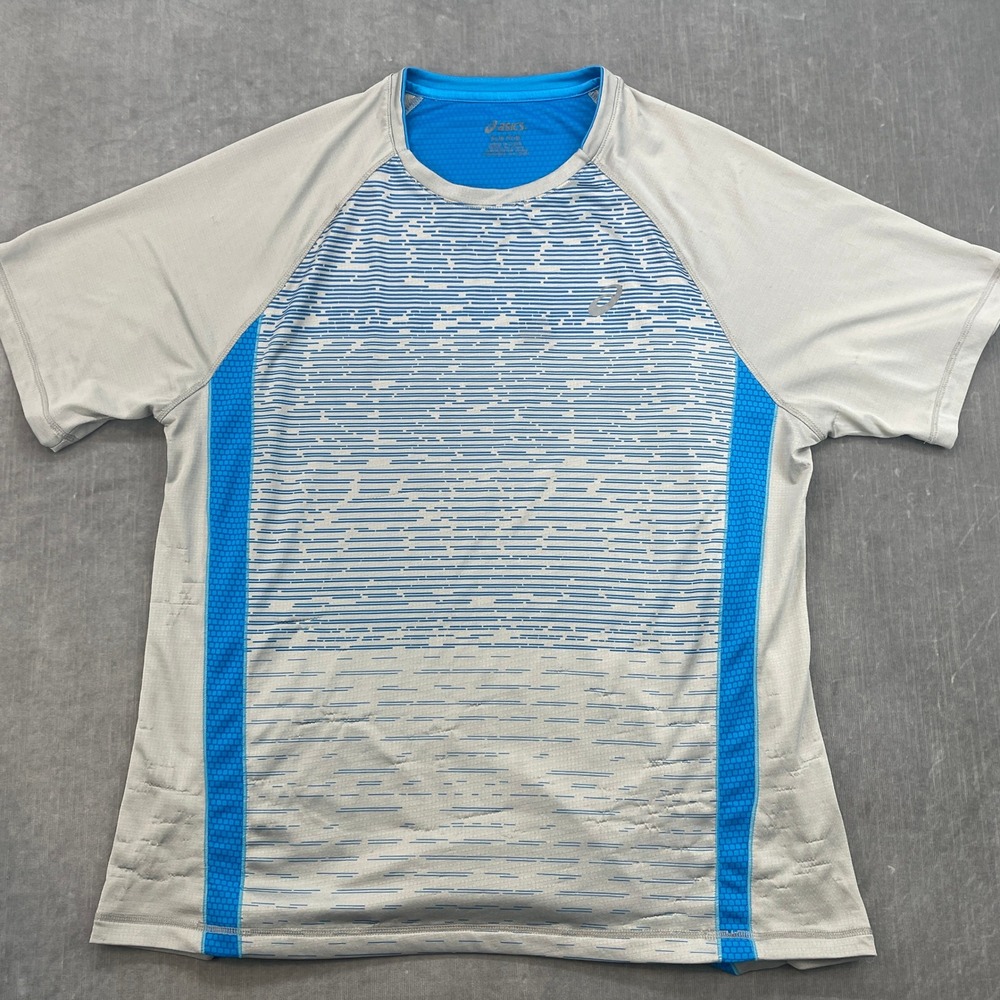 Asics Mens X-Large Grey Blue Graphic Mesh Back Athletic Training Running T-Shirt
